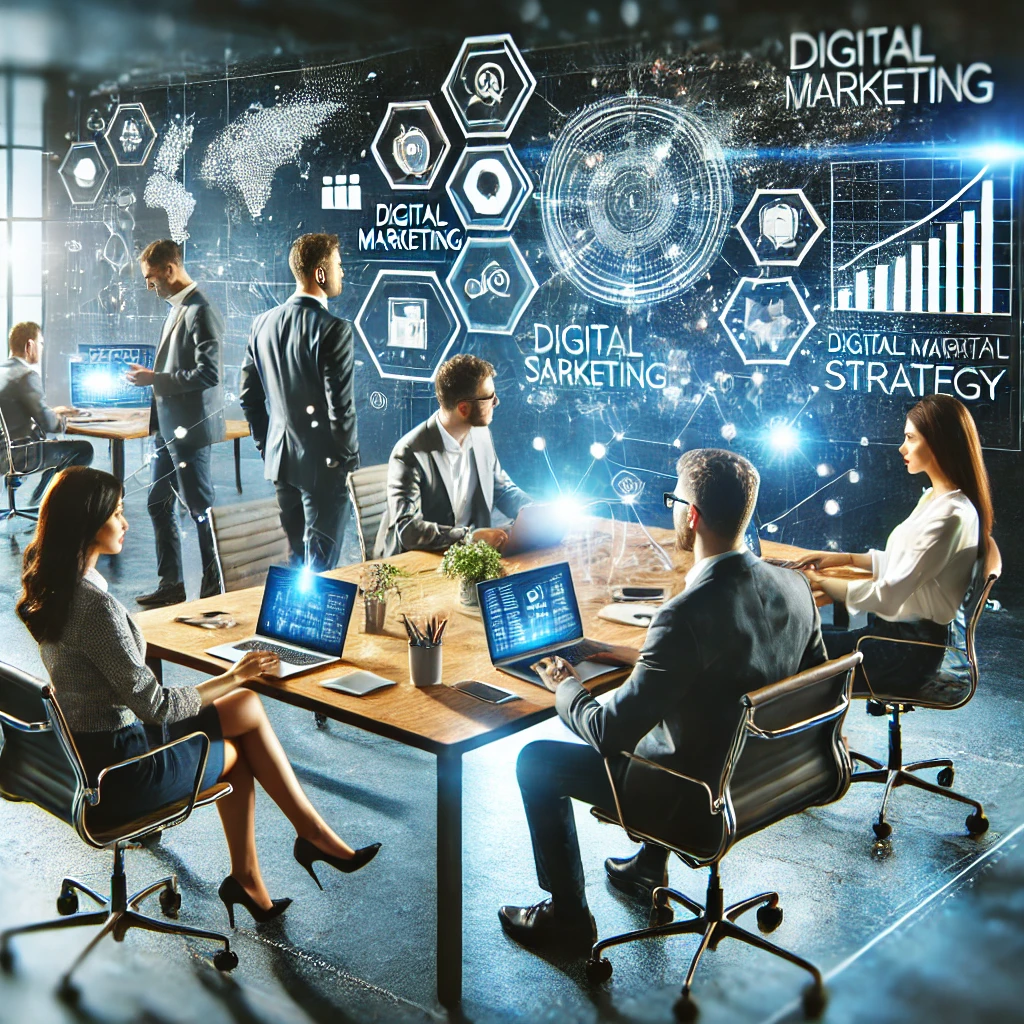 Professional digital marketing team working collaboratively in a modern office, showcasing expertise in Australian market strategies.